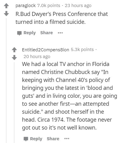 document - paraglock points. 23 hours ago R.Bud Dwyer's Press Conference that turned into a filmed suicide. ... Entitled 2Compenssion points 20 hours ago We had a local Tv anchor in Florida named Christine Chubbuck say "In keeping with Channel 40's policy
