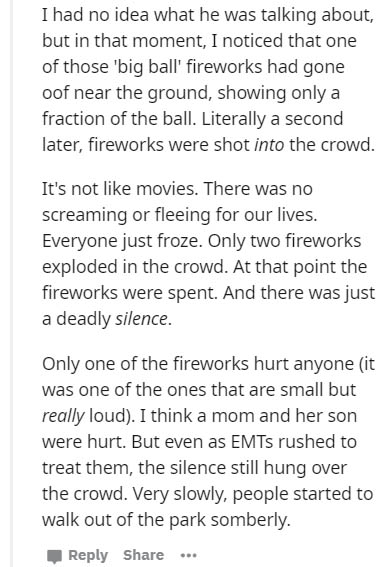 croscore fonts - I had no idea what he was talking about, but in that moment, I noticed that one of those 'big ball fireworks had gone oof near the ground, showing only a fraction of the ball. Literally a second later, fireworks were shot into the crowd. 