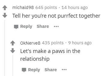 diagram - michald 98 645 points . 14 hours ago Tell her you're not purrfect together ... OkNerve8 435 points . 9 hours ago Let's make a paws in the relationship ..