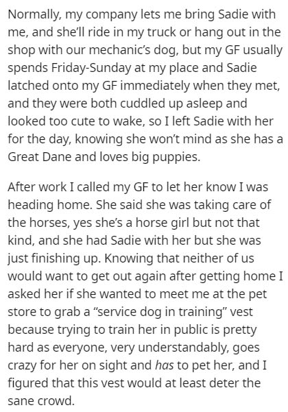 handwriting - Normally, my company lets me bring Sadie with me, and she'll ride in my truck or hang out in the shop with our mechanic's dog, but my Gf usually spends FridaySunday at my place and Sadie latched onto my Gf immediately when they met, and they