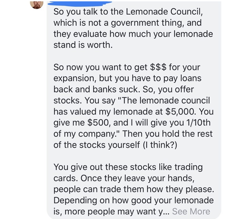 So you talk to the Lemonade Council, which is not a government thing, and they evaluate how much your lemonade stand is worth. So now you want to get $$$ for your expansion, but you have to pay loans back and banks suck. So, you offer stocks. You say "The
