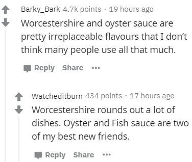 document - Barky_Bark points . 19 hours ago Worcestershire and oyster sauce are pretty irreplaceable flavours that I don't think many people use all that much. ... Watcheditburn 434 points 17 hours ago Worcestershire rounds out a lot of dishes. Oyster and