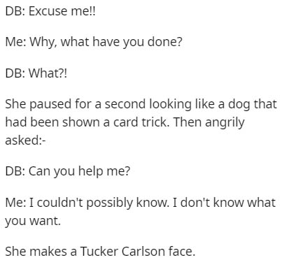 document - Db Excuse me!! Me Why, what have you done? Db What?! She paused for a second looking a dog that had been shown a card trick. Then angrily asked Db Can you help me? Me I couldn't possibly know. I don't know what you want. She makes a Tucker Carl