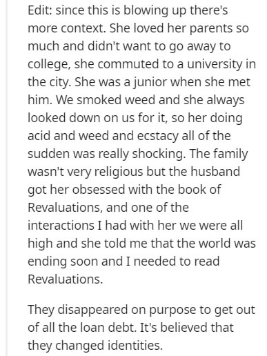 resource planning - Edit since this is blowing up there's more context. She loved her parents so much and didn't want to go away to college, she commuted to a university in the city. She was a junior when she met him. We smoked weed and she always looked 