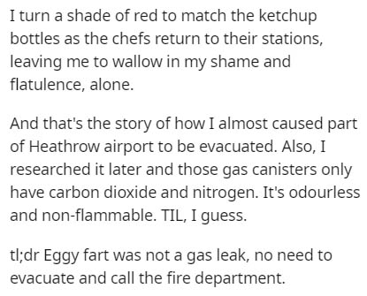 ghosting and haunting - I turn a shade of red to match the ketchup bottles as the chefs return to their stations, leaving me to wallow in my shame and flatulence, alone. And that's the story of how I almost caused part of Heathrow airport to be evacuated.