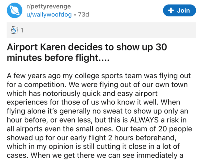 document - rpettyrevenge uwallywoofdog 73d Join Es 1 Airport Karen decides to show up 30 minutes before flight.... A few years ago my college sports team was flying out for a competition. We were flying out of our own town which has notoriously quick and 