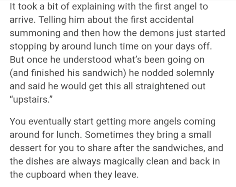 do people fall out of love - It took a bit of explaining with the first angel to arrive. Telling him about the first accidental summoning and then how the demons just started stopping by around lunch time on your days off. But once he understood what's be