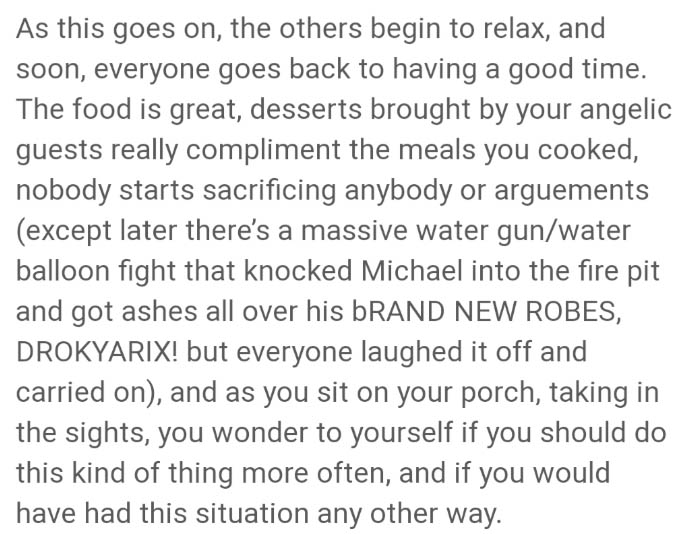 ereri headcanon - As this goes on, the others begin to relax, and soon, everyone goes back to having a good time. The food is great, desserts brought by your angelic guests really compliment the meals you cooked, nobody starts sacrificing anybody or argue