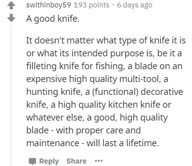 superpower writing prompts - swithinboy59 193 points. 6 days ago A good knife. It doesn't matter what type of knife it is or what its intended purpose is, be it a filleting knife for fishing, a blade on an expensive high quality multitool, a hunting knife