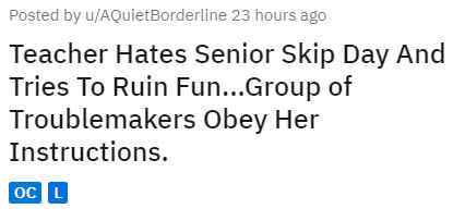 number - Posted by uAQuietBorderline 23 hours ago Teacher Hates Senior Skip Day And Tries To Ruin Fun... Group of Troublemakers Obey Her Instructions. Oc L