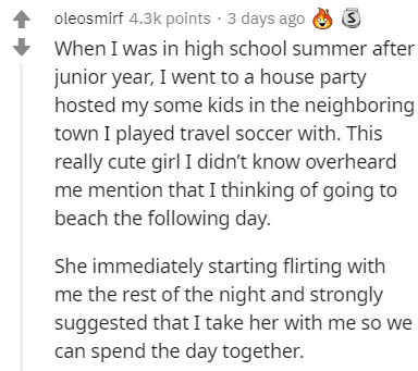 document - S oleosmirf points. 3 days ago When I was in high school summer after junior year, I went to a house party hosted my some kids in the neighboring town I played travel soccer with. This really cute girl I didn't know overheard me mention that I 