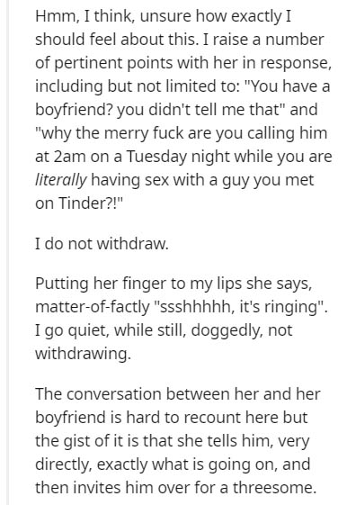 document - Hmm, I think, unsure how exactly I should feel about this. I raise a number of pertinent points with her in response, including but not limited to "You have a boyfriend? you didn't tell me that" and "why the merry fuck are you calling him at 2a