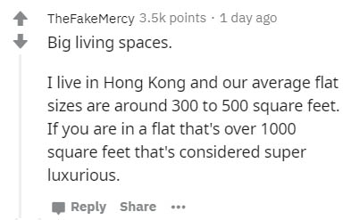 document - TheFakeMercy points . 1 day ago Big living spaces. I live in Hong Kong and our average flat sizes are around 300 to 500 square feet. If you are in a flat that's over 1000 square feet that's considered super luxurious. ...