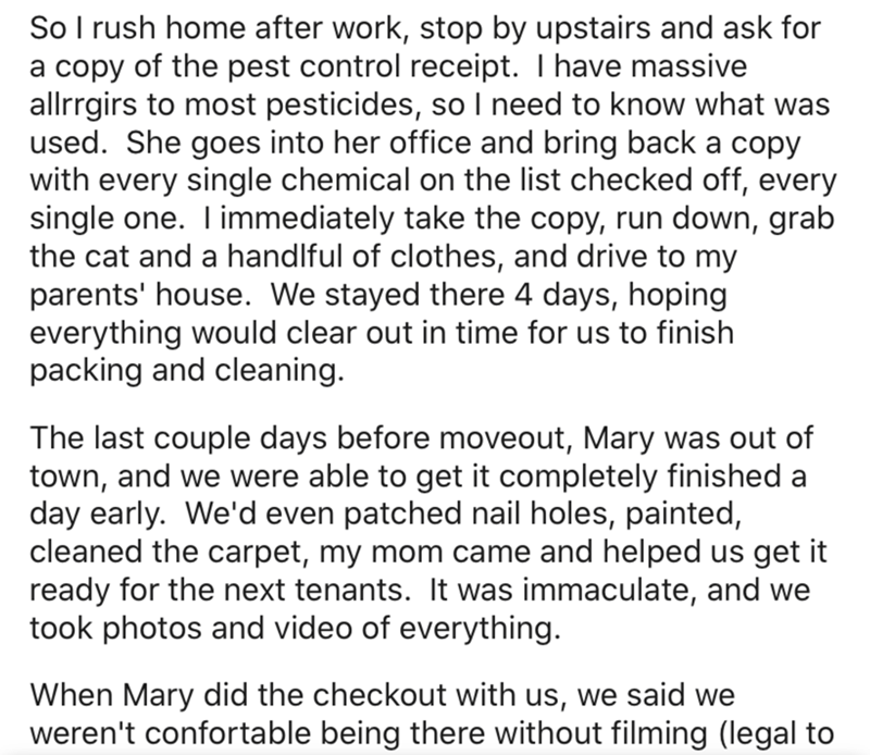 angle - So I rush home after work, stop by upstairs and ask for a copy of the pest control receipt. I have massive allrrgirs to most pesticides, so I need to know what was used. She goes into her office and bring back a copy with every single chemical on 