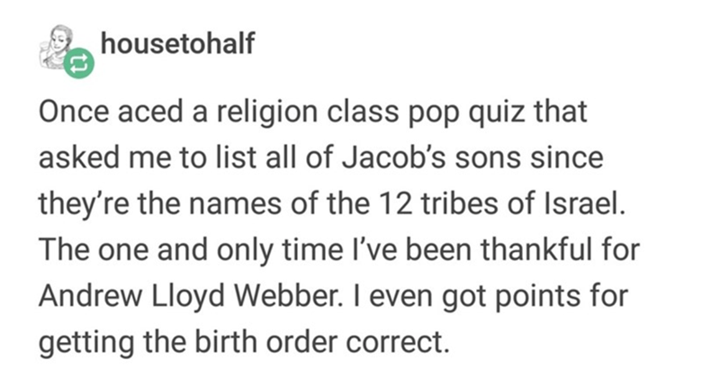 Facilitated diffusion - housetohalf Once aced a religion class pop quiz that asked me to list all of Jacob's sons since they're the names of the 12 tribes of Israel. The one and only time I've been thankful for Andrew Lloyd Webber. I even got points for g