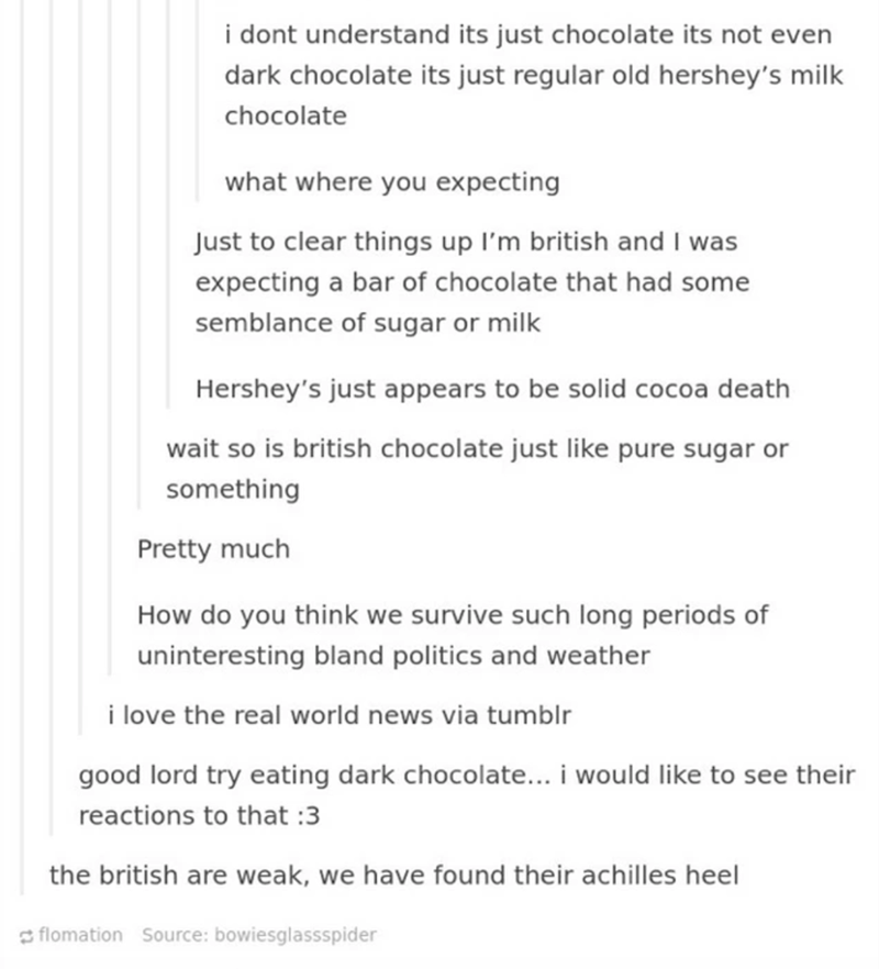 document - i dont understand its just chocolate its not even dark chocolate its just regular old hershey's milk chocolate what where you expecting Just to clear things up I'm british and I was expecting a bar of chocolate that had some semblance of sugar 