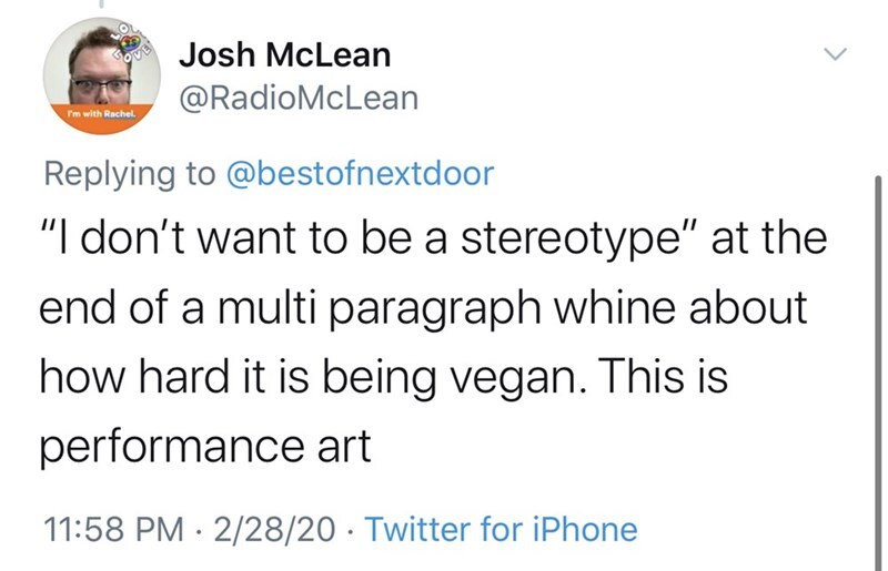 trump tweets about charlottesville - Sou Josh McLean I'm with Rachel "I don't want to be a stereotype" at the end of a multi paragraph whine about how hard it is being vegan. This is performance art 22820 Twitter for iPhone