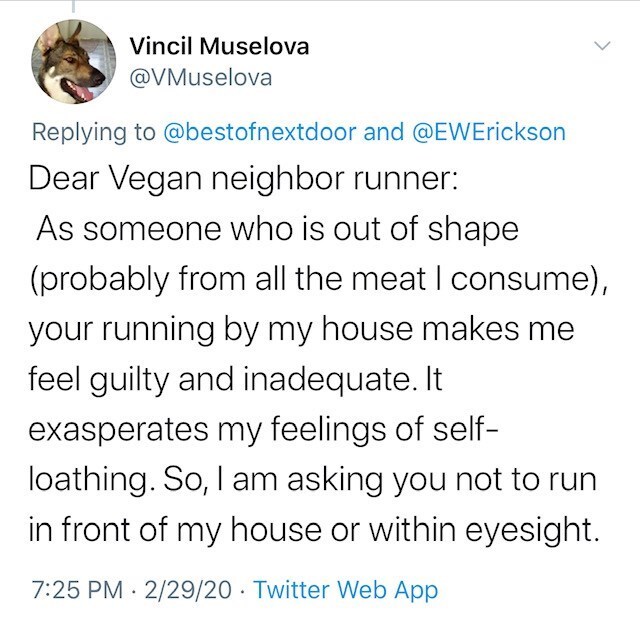 dark artifices memes - Vincil Muselova and Dear Vegan neighbor runner As someone who is out of shape probably from all the meat I consume, your running by my house makes me feel guilty and inadequate. It exasperates my feelings of self loathing. So, I am 