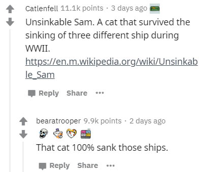 document - Catlenfell points. 3 days ago Unsinkable Sam. A cat that survived the sinking of three different ship during Wwii. le Sam ... bearatrooper points . 2 days ago That cat 100% sank those ships. ..