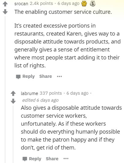 document - srocan points. 6 days ago The enabling customer service culture. It's created excessive portions in restaurants, created Karen, gives way to a disposable attitude towards products, and generally gives a sense of entitlement where most people st