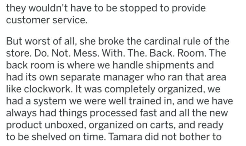 System - they wouldn't have to be stopped to provide customer service. But worst of all, she broke the cardinal rule of the store. Do. Not. Mess. With. The. Back. Room. The back room is where we handle shipments and had its own separate manager who ran th