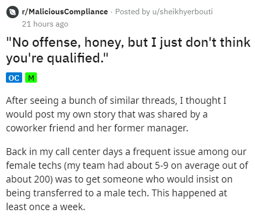 angle - rMaliciousCompliance Posted by usheikhyerbouti 21 hours ago "No offense, honey, but I just don't think you're qualified." Oc M After seeing a bunch of similar threads, I thought I would post my own story that was d by a coworker friend and her for