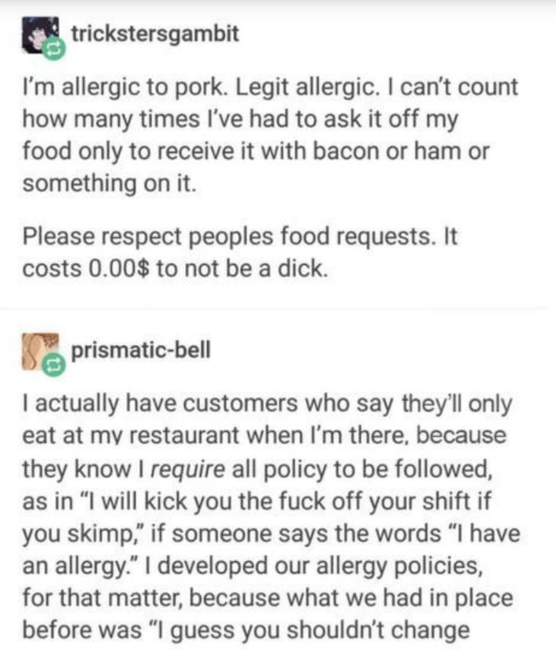 u word minecraft - trickstersgambit I'm allergic to pork. Legit allergic. I can't count how many times I've had to ask it off my food only to receive it with bacon or ham or something on it. Please respect peoples food requests. It costs 0.00$ to not be a