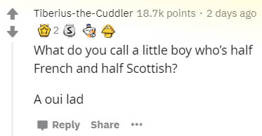 document - TiberiustheCuddler points. 2 days ago 2 3 What do you call a little boy who's half French and half Scottish? A oui lad