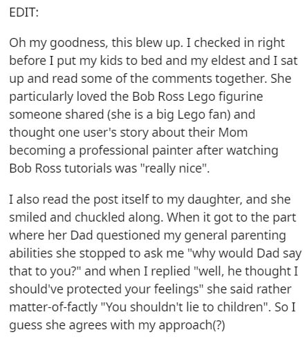 document - Edit Oh my goodness, this blew up. I checked in right before I put my kids to bed and my eldest and I sat up and read some of the together. She particularly loved the Bob Ross Lego figurine someone d she is a big Lego fan and thought one user's