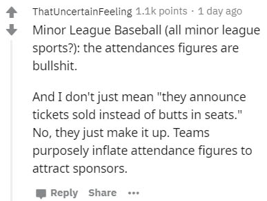 document - ThatuncertainFeeling points . 1 day ago Minor League Baseball all minor league sports? the attendances figures are bullshit. And I don't just mean "they announce tickets sold instead of butts in seats." No, they just make it up. Teams purposely