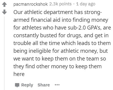 handwriting - pacmanrockshok points . 1 day ago Our athletic department has strong armed financial aid into finding money for athletes who have sub2.0 Gpa's, are constantly busted for drugs, and get in trouble all the time which leads to them being inelig