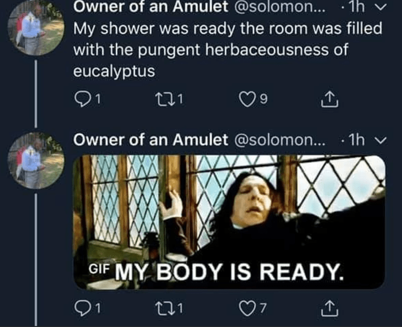 presentation - Owner of an Amulet ... 1h My shower was ready the room was filled with the pungent herbaceousness of eucalyptus 21 121 Owner of an Amulet ....1h v Gif My Body Is Ready. 121