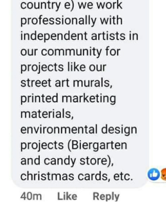 document - country e we work professionally with independent artists in our community for projects our street art murals, printed marketing materials, environmental design projects Biergarten and candy store, christmas cards, etc. 40m