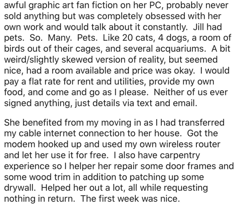 susan bridezilla - awful graphic art fan fiction on her Pc, probably never sold anything but was completely obsessed with her own work and would talk about it constantly. Jill had pets. So. Many. Pets. 20 cats, 4 dogs, a room of birds out of their cages, 