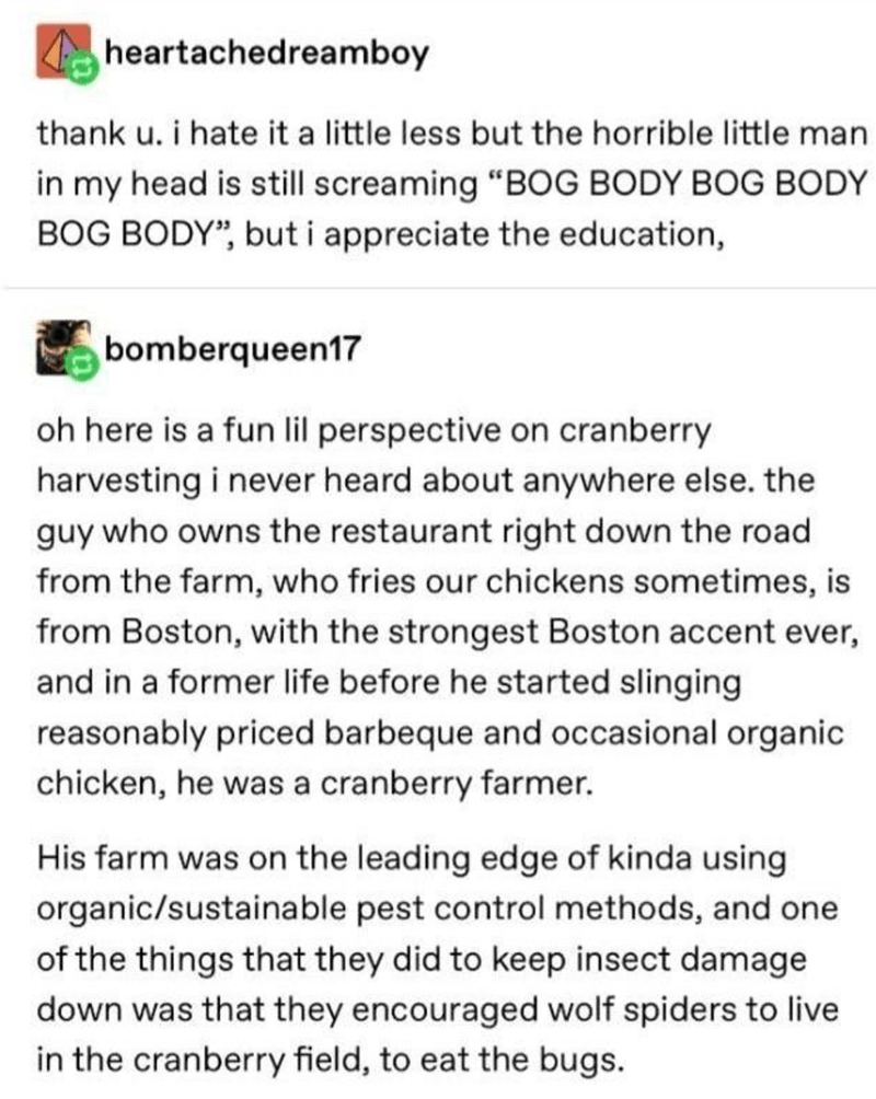 document - heartachedreamboy thank u. i hate it a little less but the horrible little man in my head is still screaming "Bog Body Bog Body Bog Body, but i appreciate the education, bomberqueen17 oh here is a fun lil perspective on cranberry harvesting i n