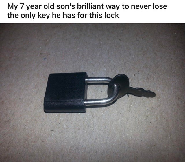 hardware accessory - My 7 year old son's brilliant way to never lose the only key he has for this lock