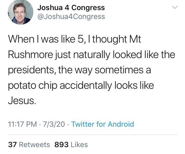 angle - Joshua 4 Congress When I was 5, I thought Mt Rushmore just naturally looked the presidents, the way sometimes a potato chip accidentally looks Jesus. 7320 Twitter for Android 37 893