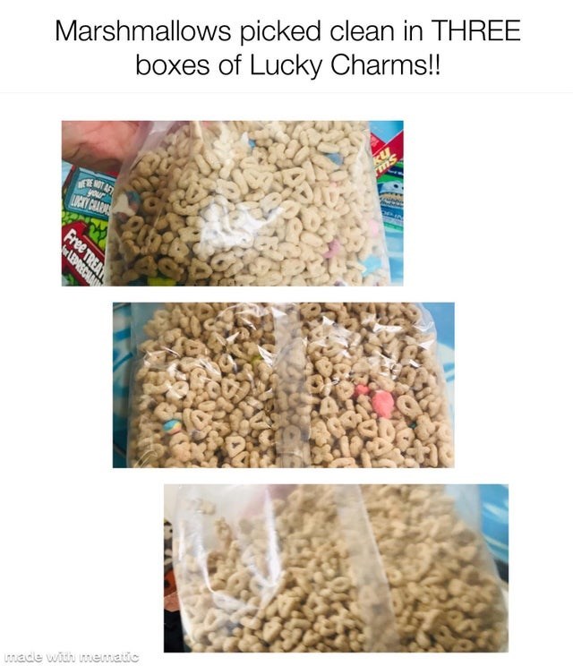 plastic - Marshmallows picked clean in Three boxes of Lucky Charms!! your Ikut Cura Leprecha Free Trea made with mematic