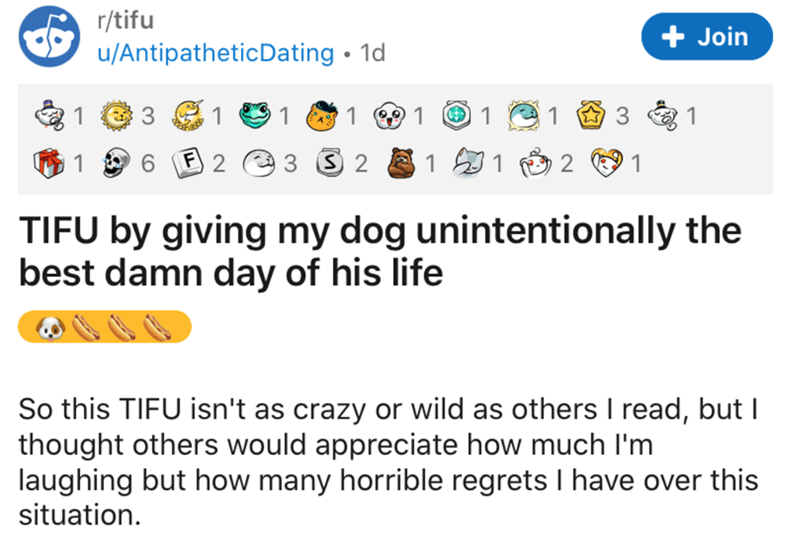 icon - rtifu uAntipathetic Dating 1d Join 31 03 1 1 1 9 1 1 1 1 3 1 1 6 El 2 3 S 2 1 59 1 pe 2 1 Tifu by giving my dog unintentionally the best damn day of his life So this Tifu isn't as crazy or wild as others I read, but I thought others would appreciat