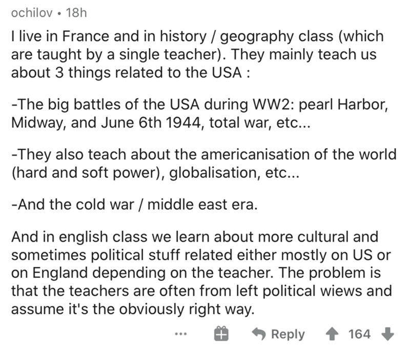 document - ochilov 18h I live in France and in history geography class which are taught by a single teacher. They mainly teach us about 3 things related to the Usa The big battles of the Usa during WW2 pearl Harbor, Midway, and June 6th 1944, total war, e