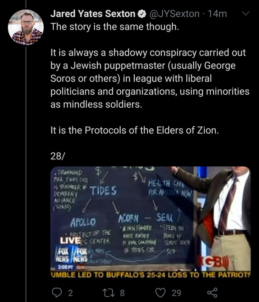 glenn beck chalkboard - Jared Yates Sexton 14m The story is the same though. It is always a shadowy conspiracy carried out by a Jewish puppetmaster usually George Soros or others in league with liberal politicians and organizations, using minorities as mi