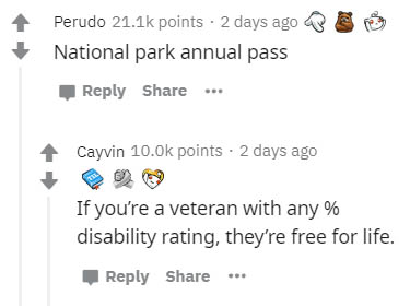 diagram - Perudo points . 2 days ago National park annual pass ... Cayvin points 2 days ago If you're a veteran with any % disability rating, they're free for life.