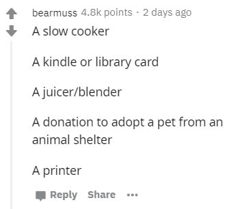 document - bearmuss points. 2 days ago A slow cooker A kindle or library card A juicerblender A donation to adopt a pet from an animal shelter A printer