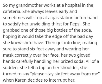 beginner french paragraph - So my grandmother works at a hospital in the cafeteria. She always leaves early and sometimes will stop at a gas station beforehand to satisfy her unyielding thirst for Pepsi. She grabbed one of those big bottles of the soda, h