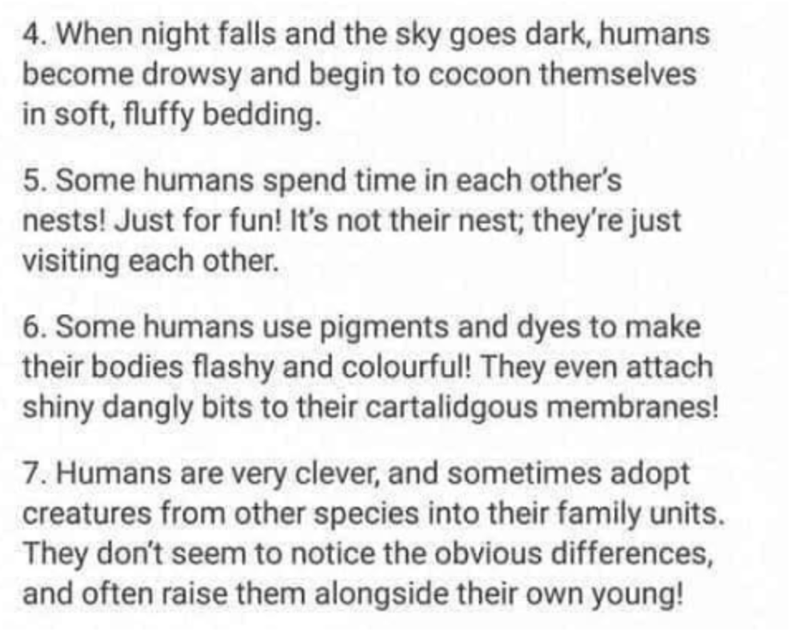 handwriting - 4. When night falls and the sky goes dark, humans become drowsy and begin to cocoon themselves in soft, fluffy bedding. 5. Some humans spend time in each other's nests! Just for fun! It's not their nest; they're just visiting each other. 6. 