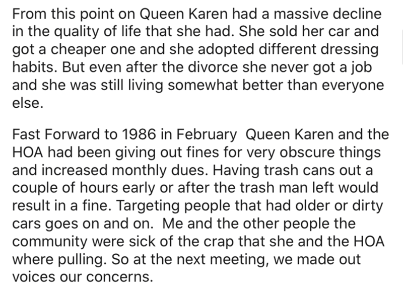 JPEG - From this point on Queen Karen had a massive decline in the quality of life that she had. She sold her car and got a cheaper one and she adopted different dressing habits. But even after the divorce she never got a job and she was still living some