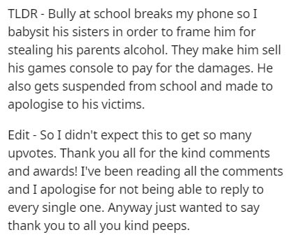 like him more than he likes me - Tldr Bully at school breaks my phone so I babysit his sisters in order to frame him for stealing his parents alcohol. They make him sell his games console to pay for the damages. He also gets suspended from school and made