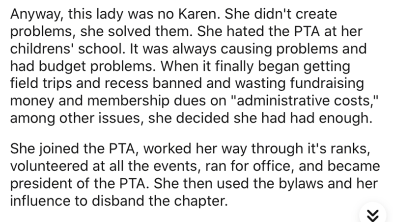 document - Anyway, this lady was no Karen. She didn't create problems, she solved them. She hated the Pta at her childrens' school. It was always causing problems and had budget problems. When it finally began getting field trips and recess banned and was