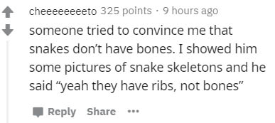 Antibody - cheeeeeeeeto 325 points . 9 hours ago someone tried to convince me that snakes don't have bones. I showed him some pictures of snake skeletons and he said "yeah they have ribs, not bones"