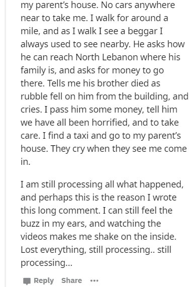 document - my parent's house. No cars anywhere near to take me. I walk for around a mile, and as I walk I see a beggar I always used to see nearby. He asks how he can reach North Lebanon where his family is, and asks for money to go there. Tells me his br